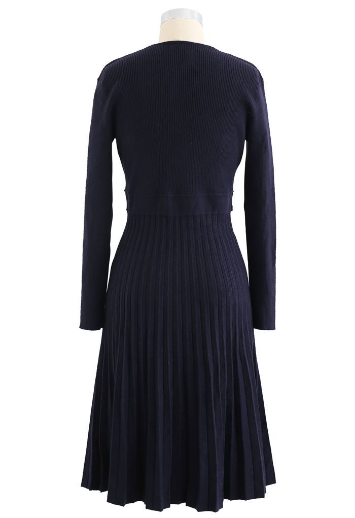 Button Embellished Wrap Pleated Knit Dress in Navy