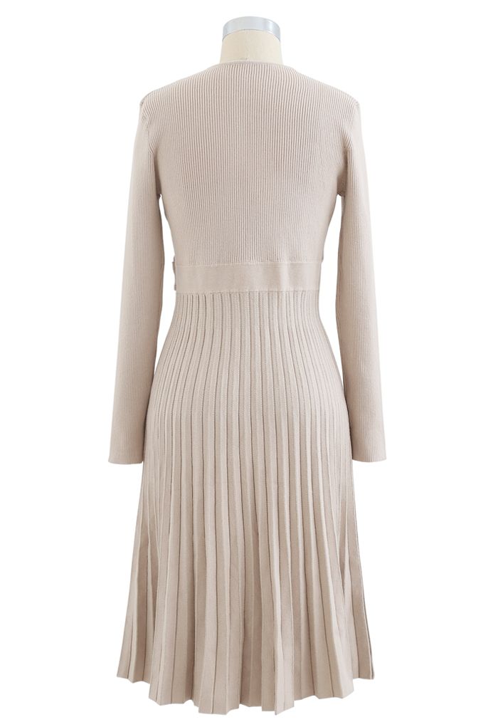 Button Embellished Wrap Pleated Knit Dress in Sand