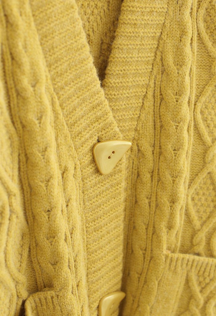 Irregular Button Pocket Braid Cardigan in Mustard