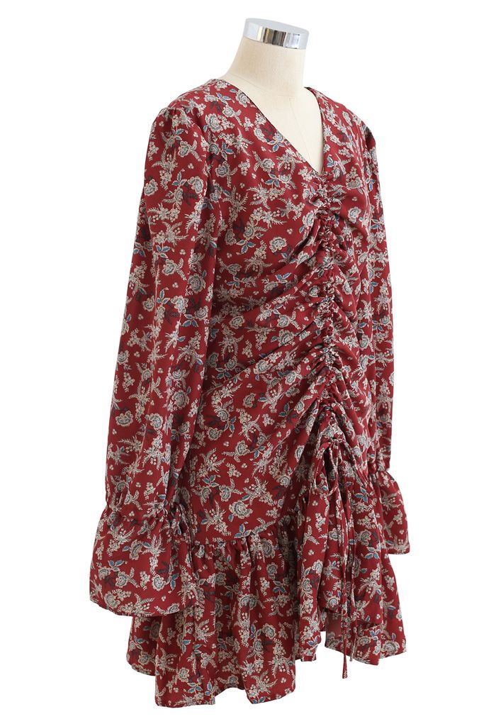 Floral Drawstring Ruched Front Dress in Red