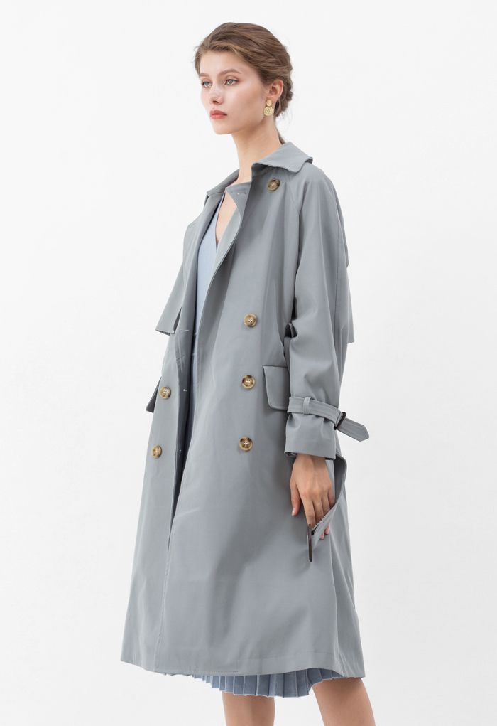 Flap Pockets Double-Breasted Belted Trench Coat in Dusty Blue - Retro ...