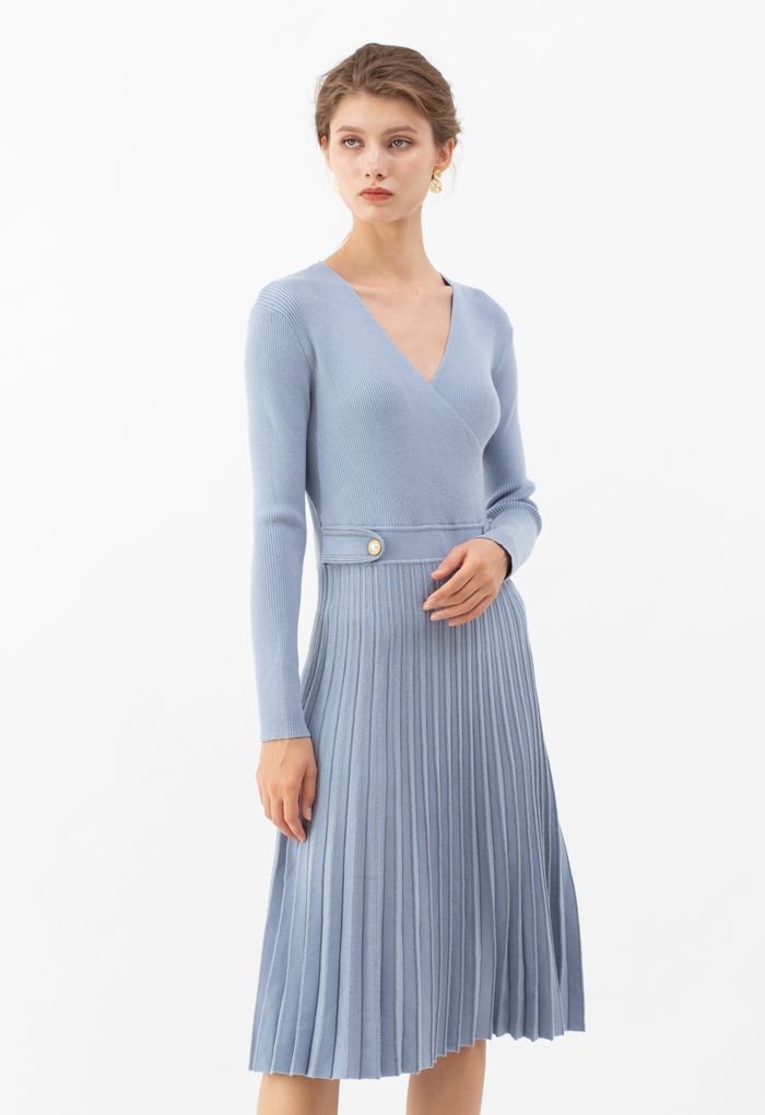 Button Embellished Wrap Pleated Knit Dress in Blue
