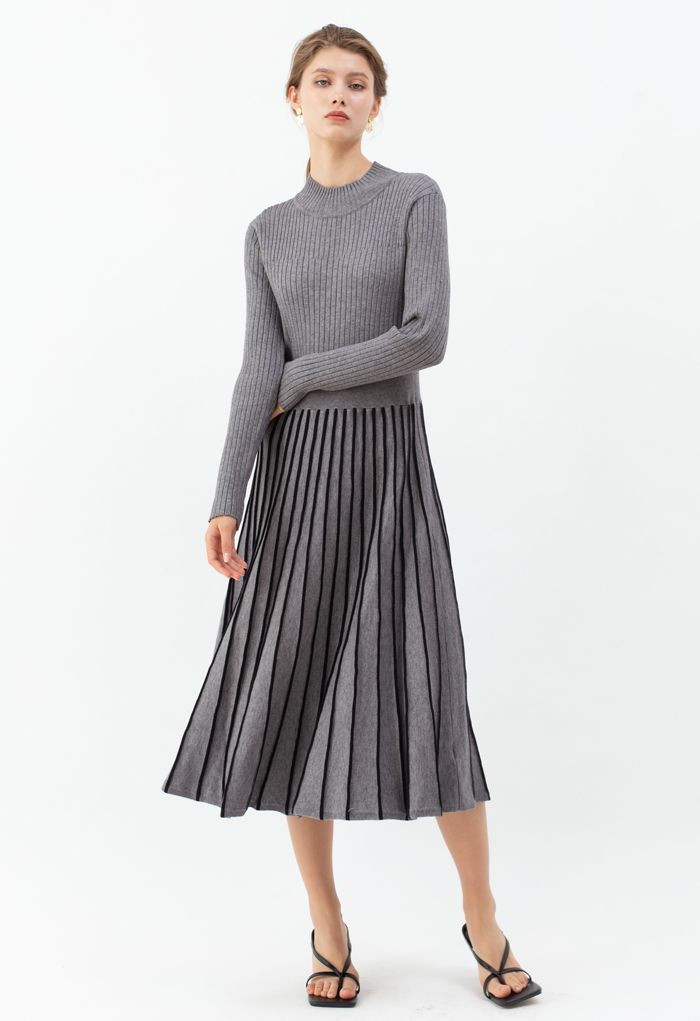Contrast Lines Fitted Rib Knit Midi Dress in Grey - Retro, Indie and ...