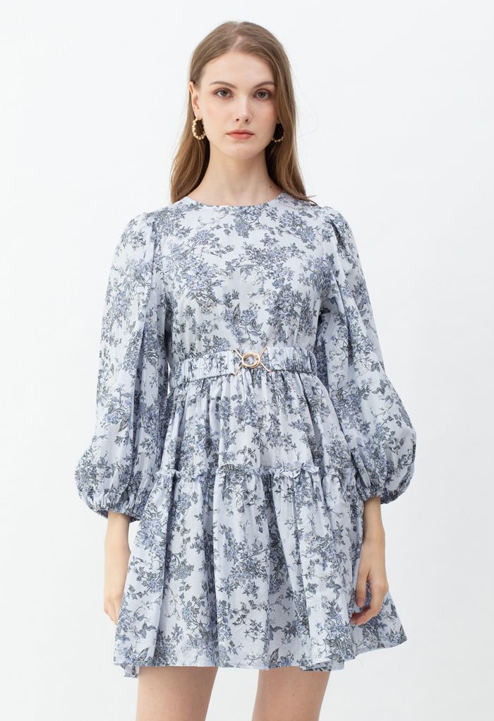 Blue Floral Printed Belted Dress - Retro, Indie and Unique Fashion