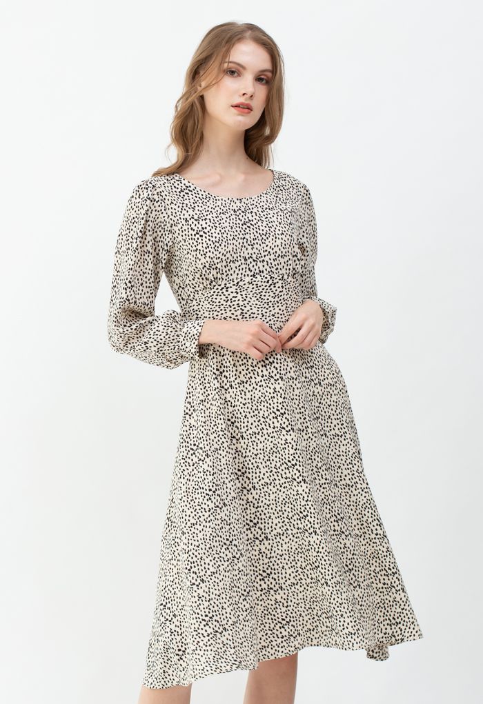 Dots Print Scoop Neck Sleeves Midi Dress in Ivory