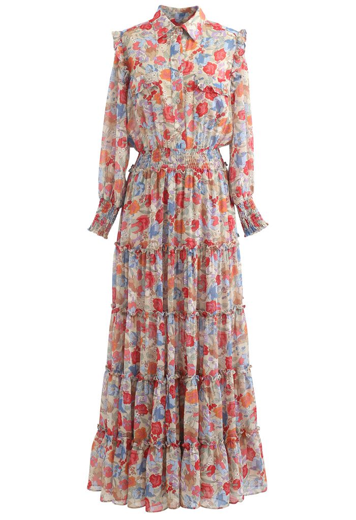 Wild Bloom Buttoned Semi-Sheer Maxi Dress