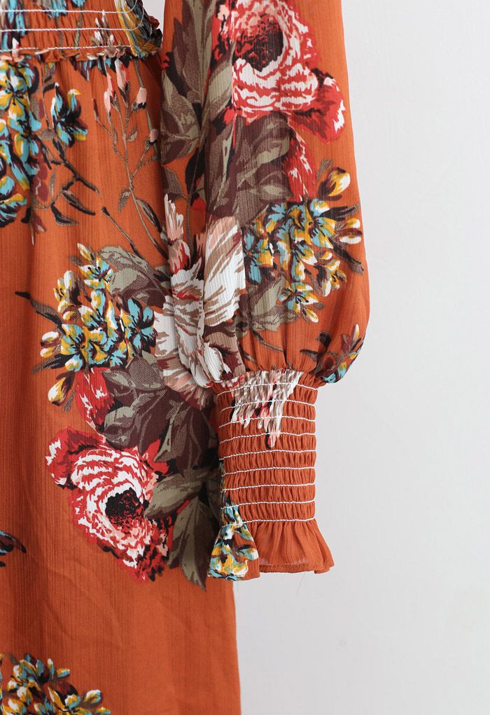 Blooming Bouquet Satin Button Down Wrap Midi Dress in Orange