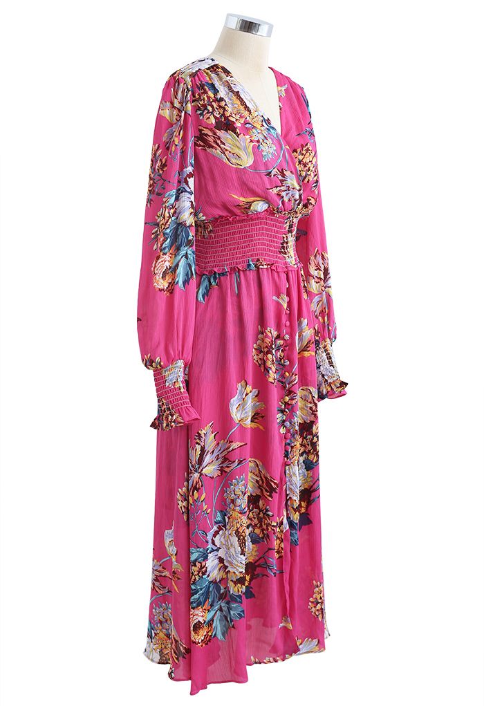 Blooming Bouquet Satin Button Down Wrap Midi Dress in Magenta
