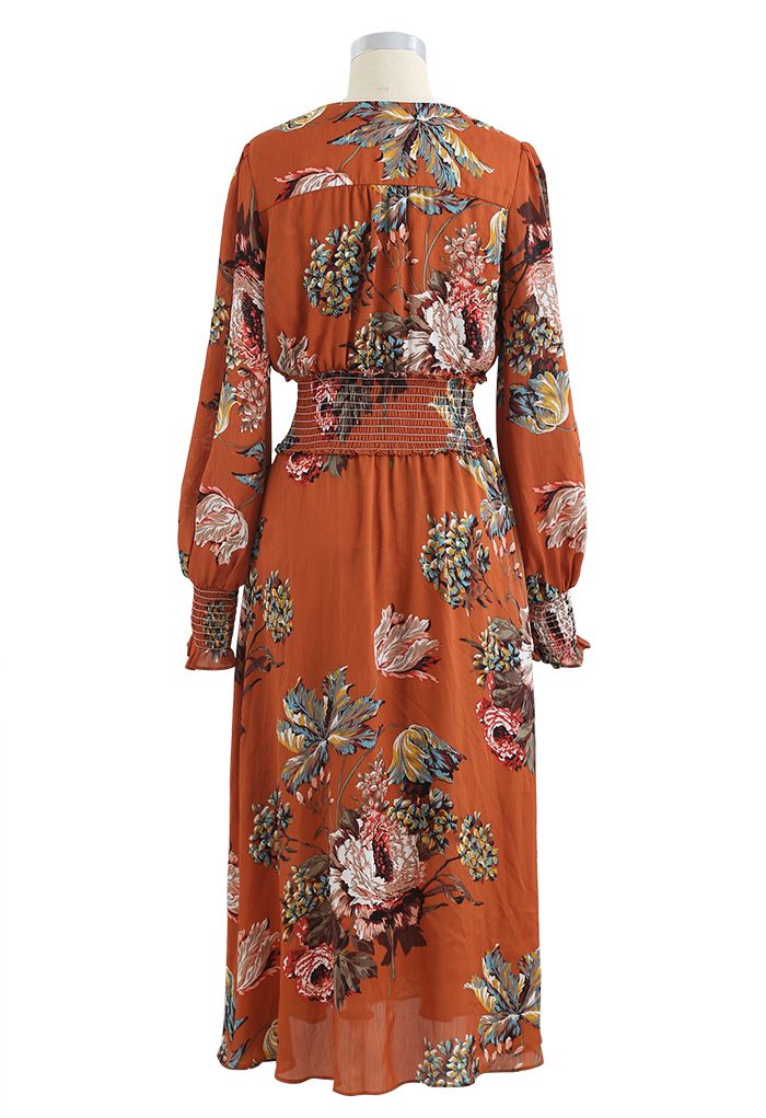 Blooming Bouquet Satin Button Down Wrap Midi Dress in Orange