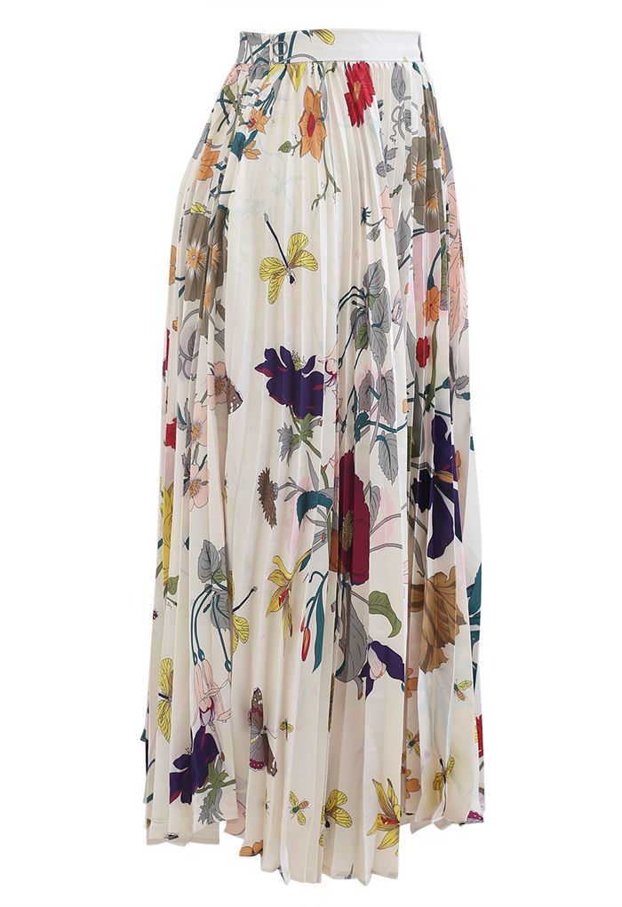 Tropical Floral Print Pleated Midi Skirt