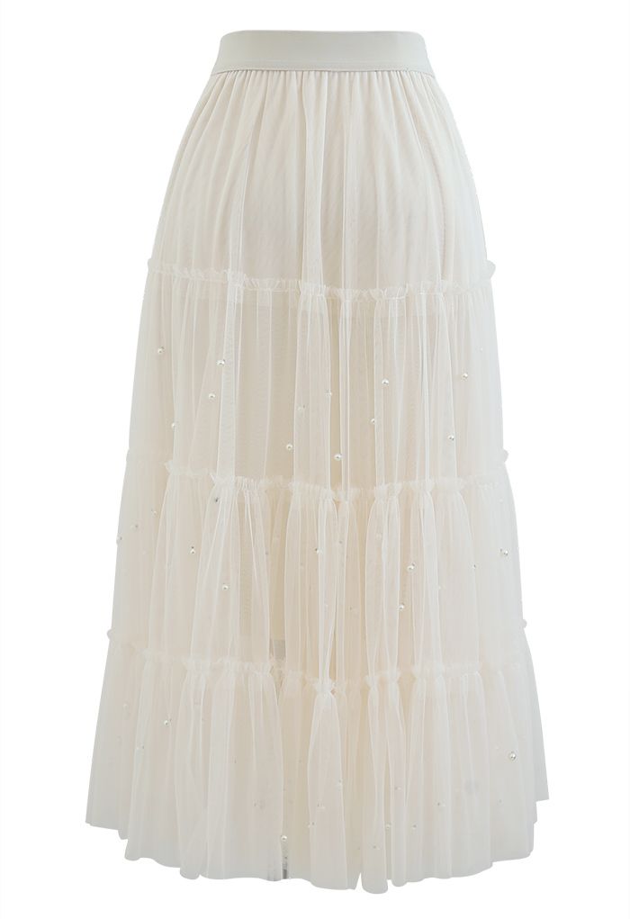 Beads Trim Double-Layered Tulle Mesh Skirt in Cream - Retro, Indie and ...