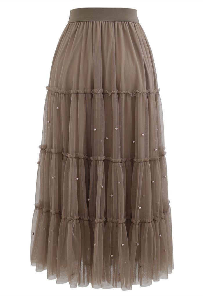 Beads Trim Double-Layered Tulle Mesh Skirt in Brown - Retro, Indie and ...