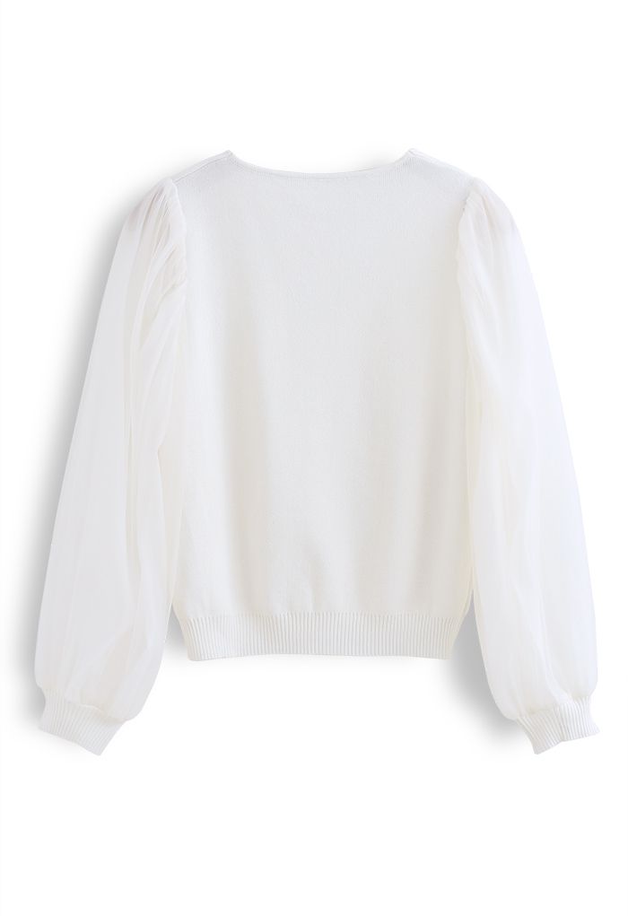 Organza Mesh Sleeves V-Neck Knit Top in White