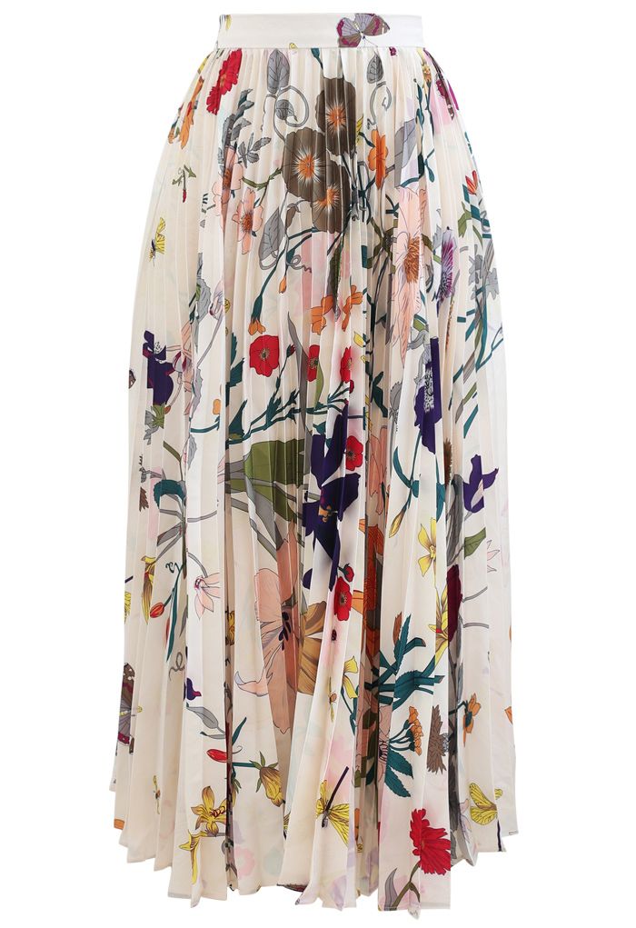 Tropical Floral Print Pleated Midi Skirt