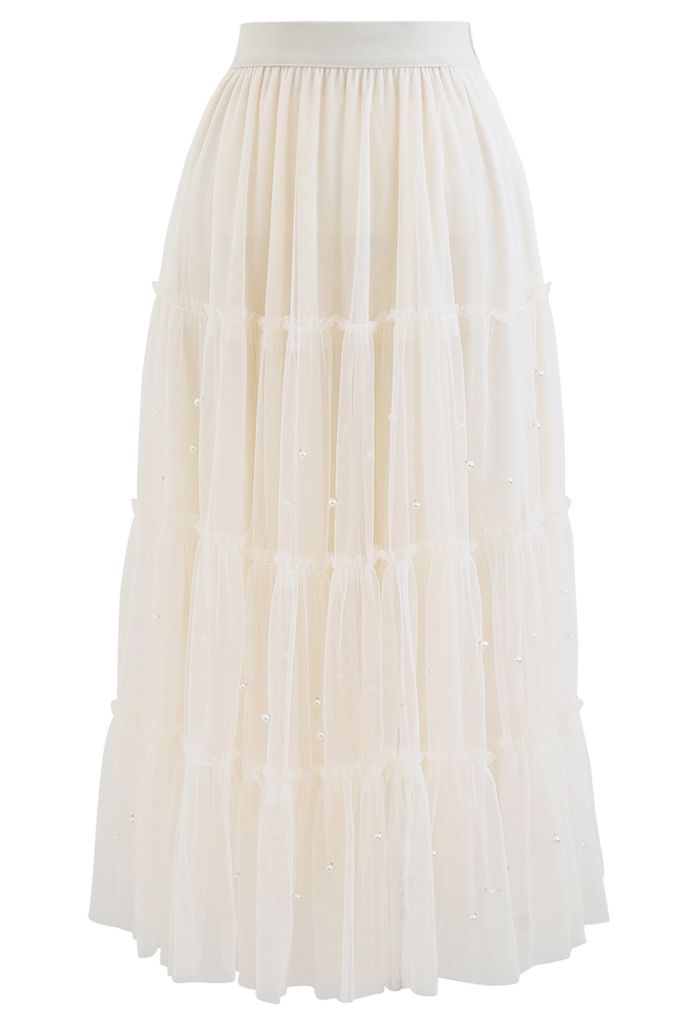 Beads Trim Double-Layered Tulle Mesh Skirt in Cream