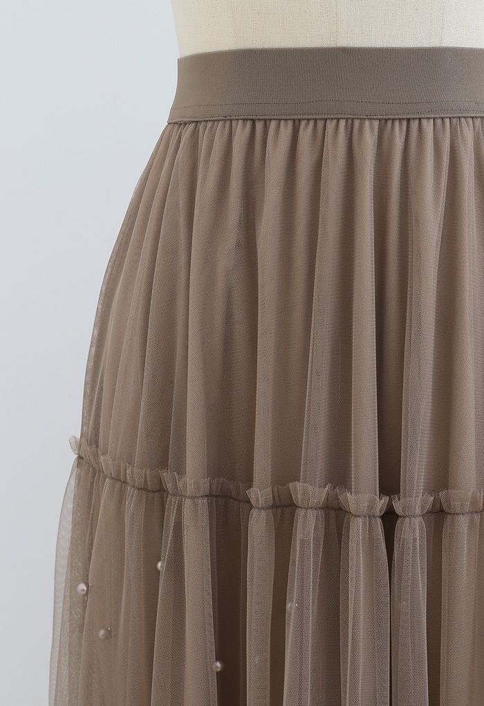 Beads Trim Double-Layered Tulle Mesh Skirt in Brown - Retro, Indie and ...