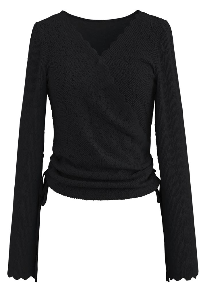 Side Drawstring Textured Wrap Lace Top in Black - Retro, Indie and ...