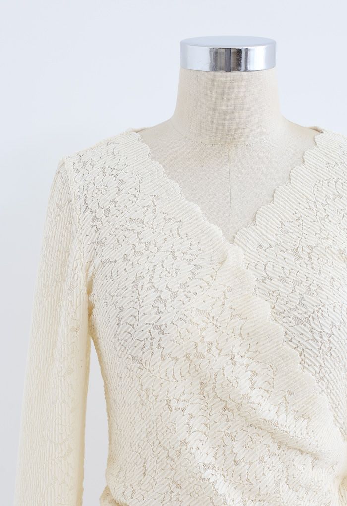 Side Drawstring Textured Wrap Lace Top in Cream