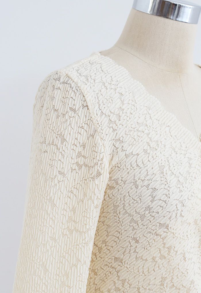 Side Drawstring Textured Wrap Lace Top in Cream