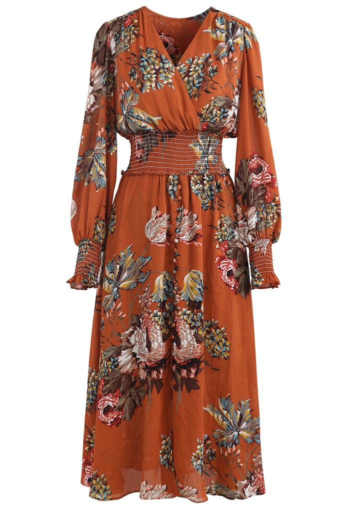 Blooming Bouquet Satin Button Down Wrap Midi Dress in Orange - Retro ...