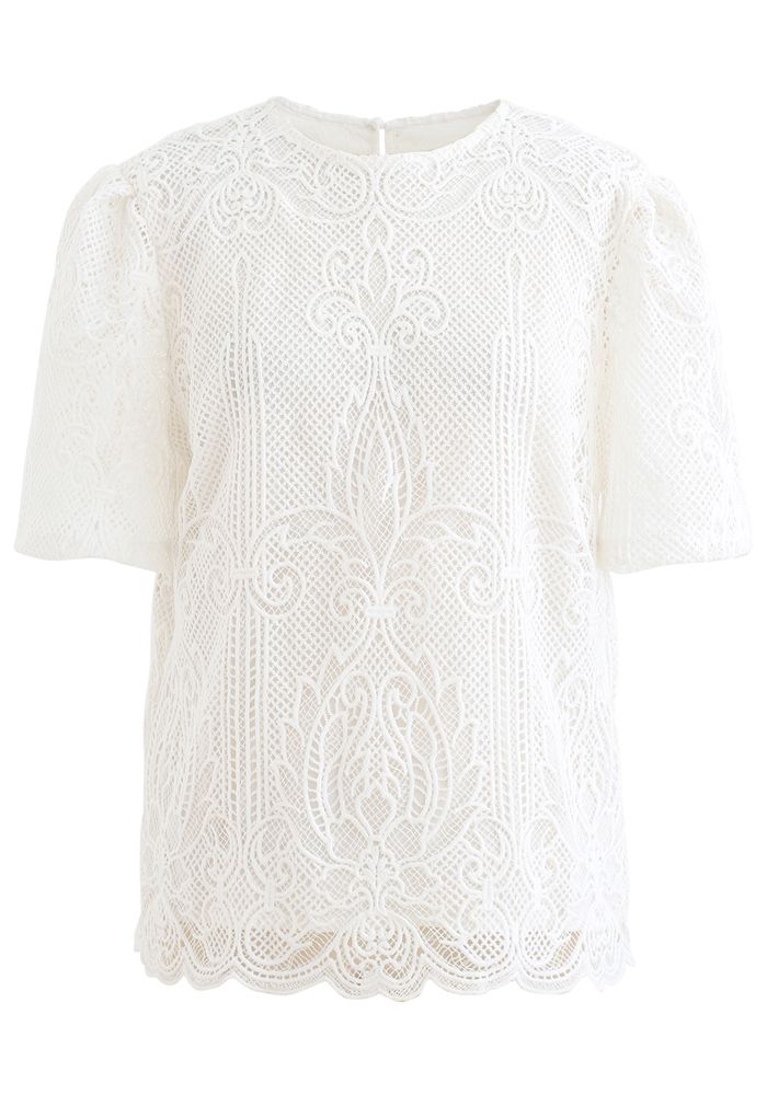 Crochet Eyelet Short-Sleeve Top in White - Retro, Indie and Unique Fashion