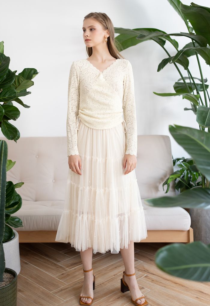 Beads Trim Double-Layered Tulle Mesh Skirt in Cream