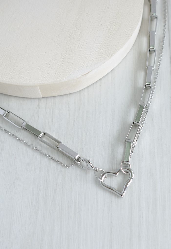 Silver Heart Paperclip Double Layered Necklace