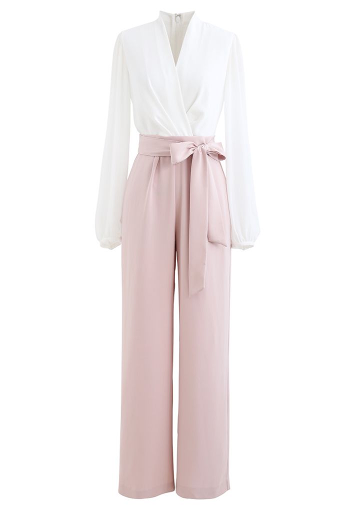 V-Neck Surplice Belted Jumpsuit in Pink - Retro, Indie and Unique Fashion
