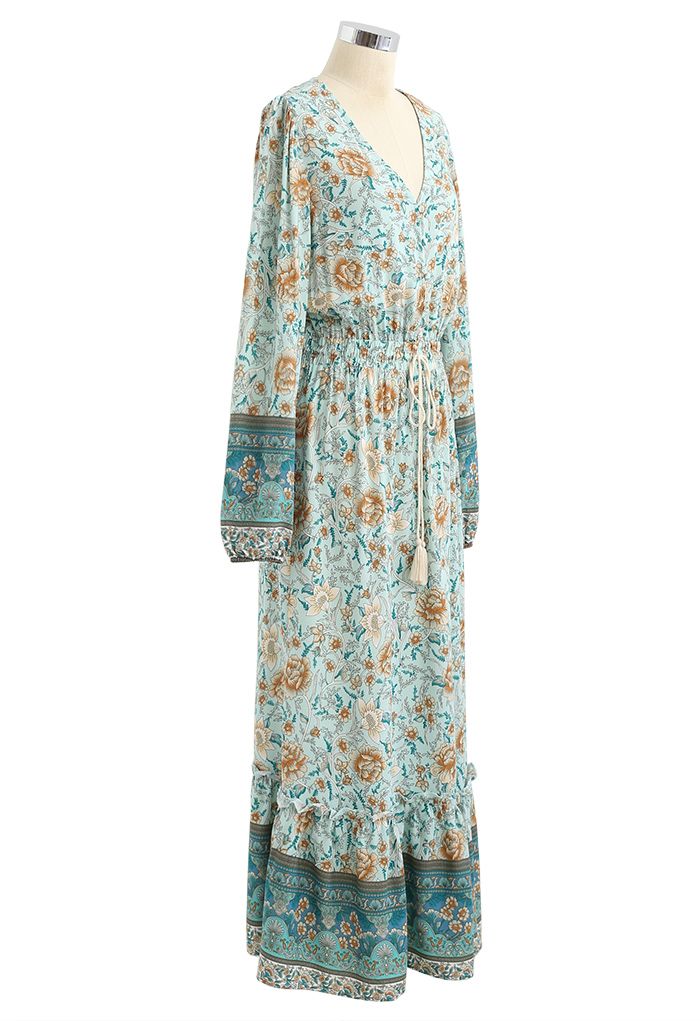 Buttoned Boho Floral Drawstring Waist Maxi Dress