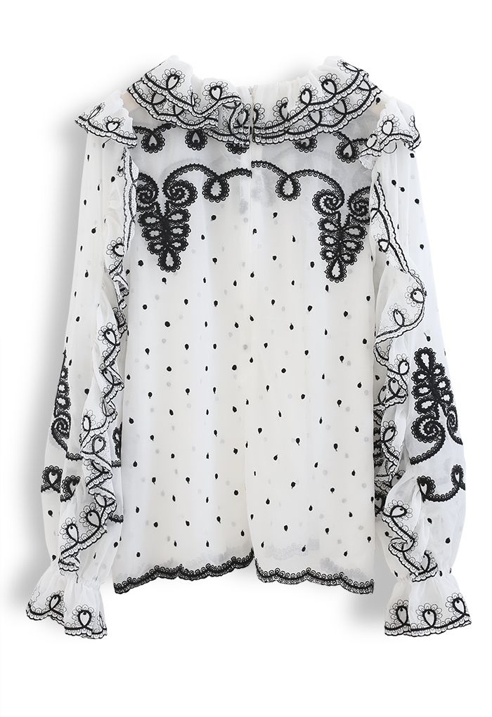 Ruffle Embroidered Chiffon Top in White