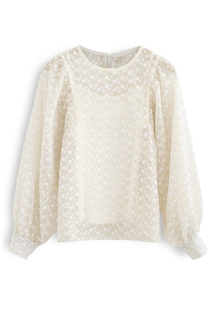 Embroidered Daisy Puff Sleeve Organza Top in Cream - Retro, Indie and ...