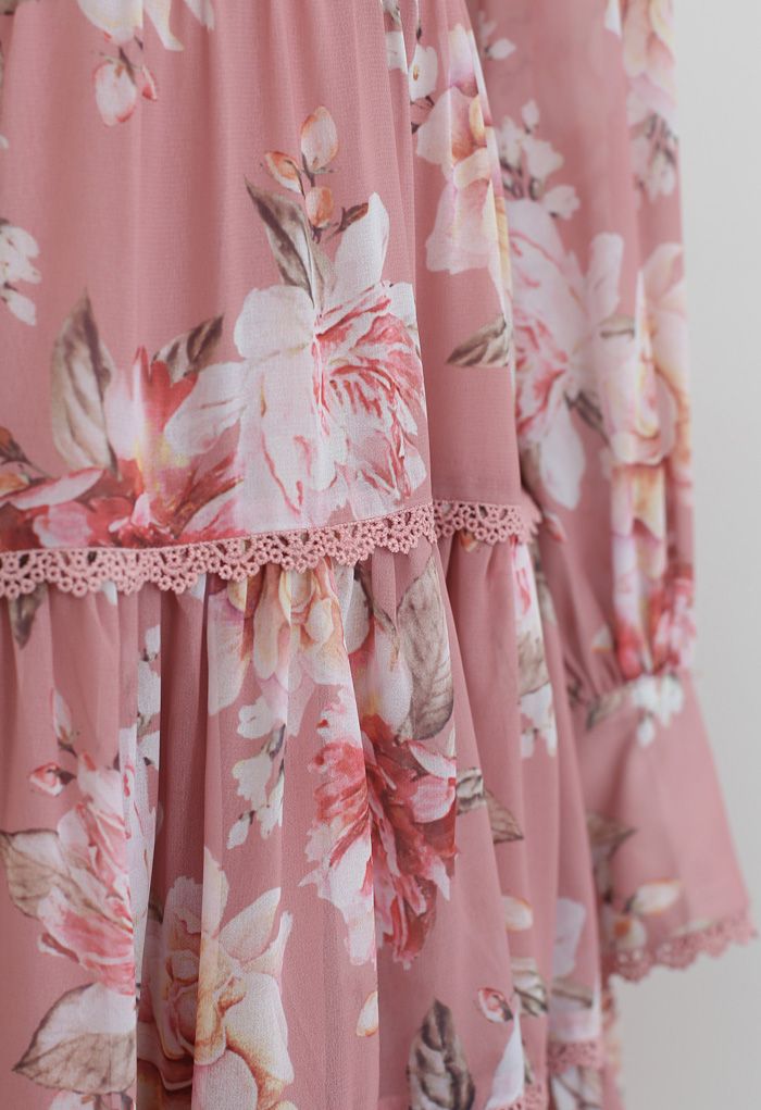 Floral Print Crochet Trim Frilling Chiffon Dress in Pink
