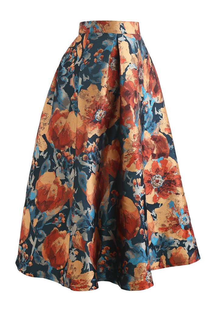 Painting Floral Flare Jacquard Skirt - Retro, Indie and Unique Fashion
