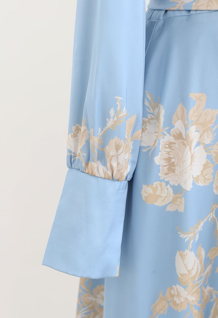 Grab the Spotlight Floral Bowknot Satin Dress in Blue