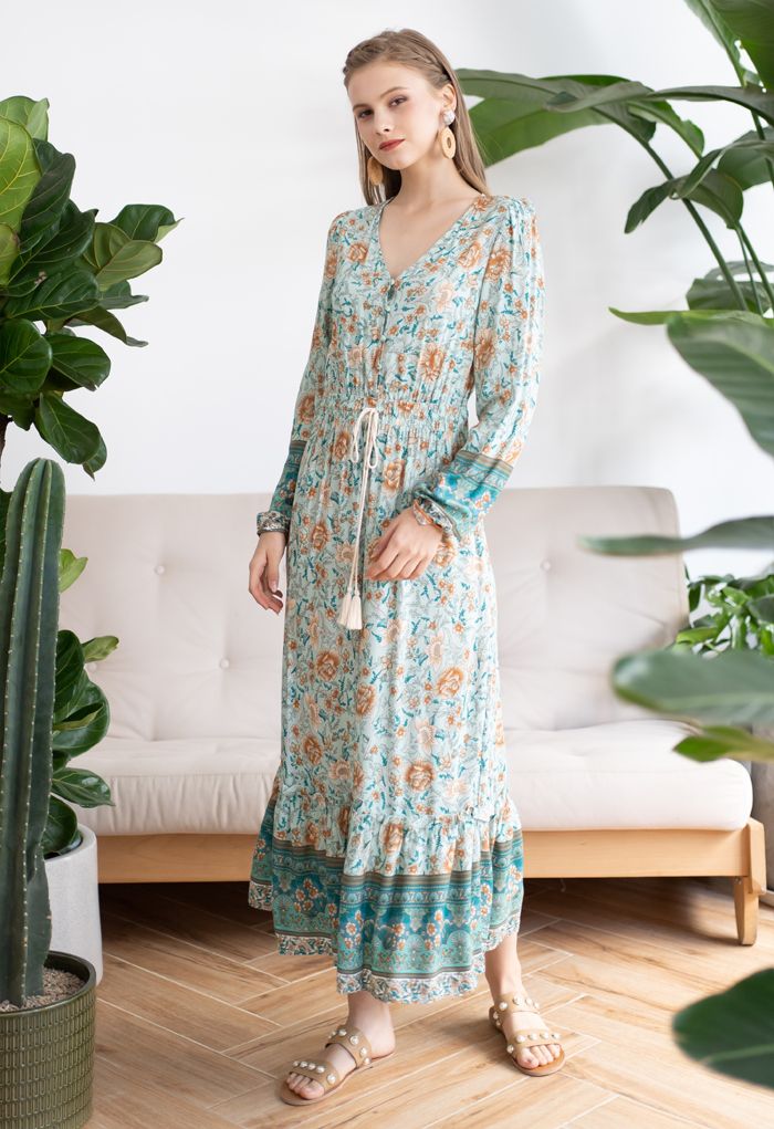 frakobling midnat romersk Buttoned Boho Floral Drawstring Waist Maxi Dress - Retro, Indie and Unique  Fashion