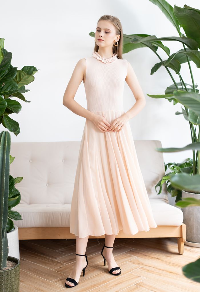 Knit Spliced Sleeveless Maxi Dress in Cream