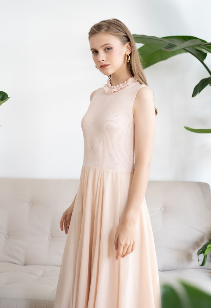 Knit Spliced Sleeveless Maxi Dress in Cream