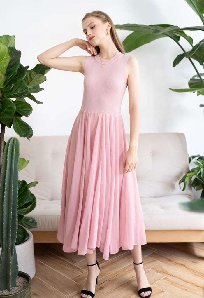 Knit Spliced Sleeveless Maxi Dress in Pink