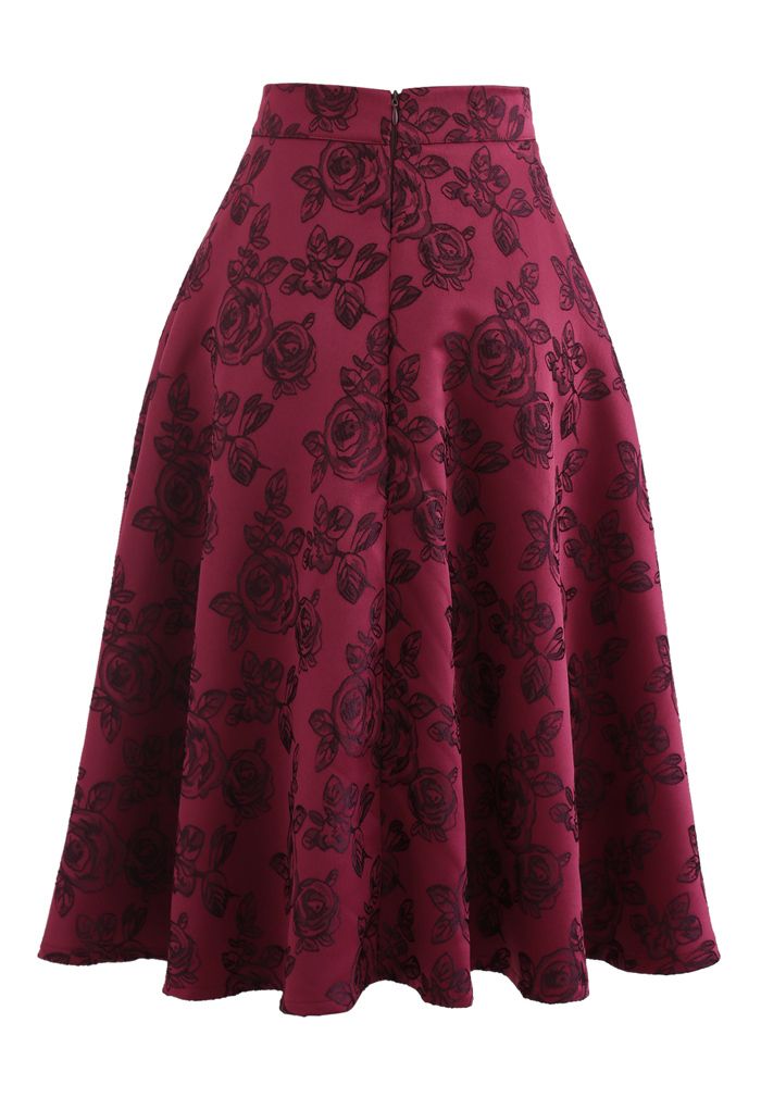 Wine Rose Jacquard A-Line Skirt - Retro, Indie and Unique Fashion