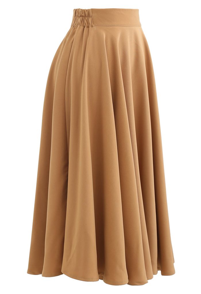 Solid Color Elastic Waist Flare Midi Skirt in Caramel - Retro, Indie ...