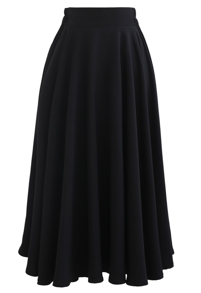 Solid Color Elastic Waist Flare Midi Skirt in Black