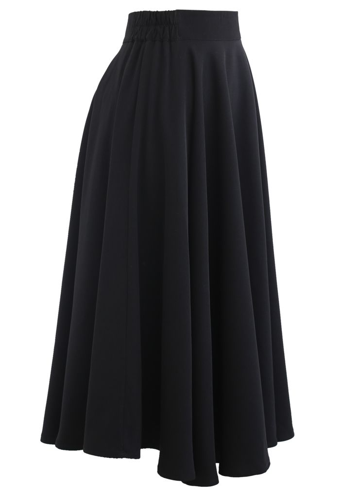 Solid Color Elastic Waist Flare Midi Skirt in Black