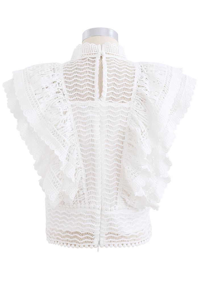 Tiered Ruffle Crochet Mock Neck Sleeveless Top in White