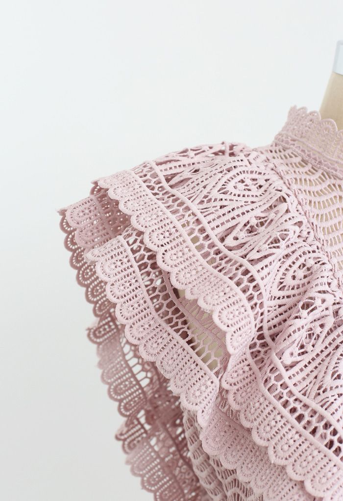 Tiered Ruffle Crochet Mock Neck Sleeveless Top in Pink