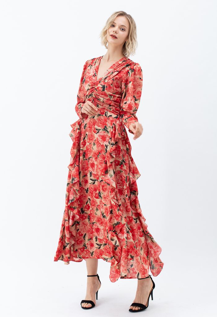 Ruched Red Floral V-Neck Ruffle Maxi Dress