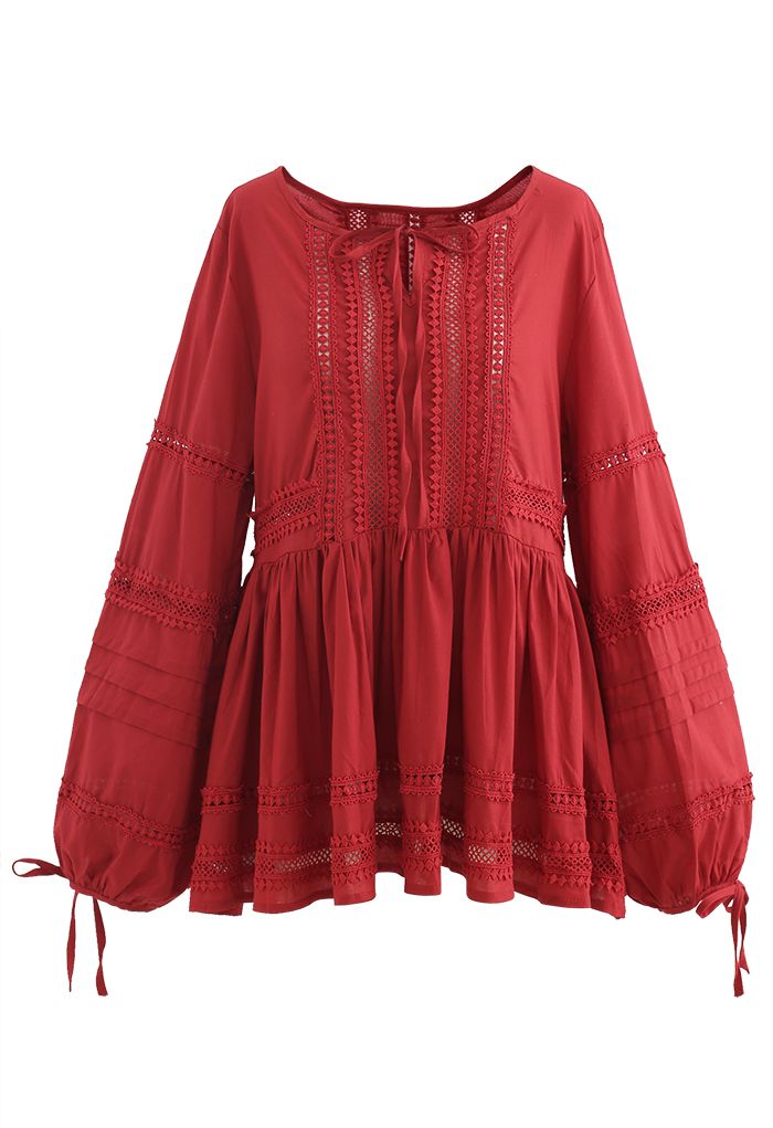 Crochet Eyelet Dolly Top in Red