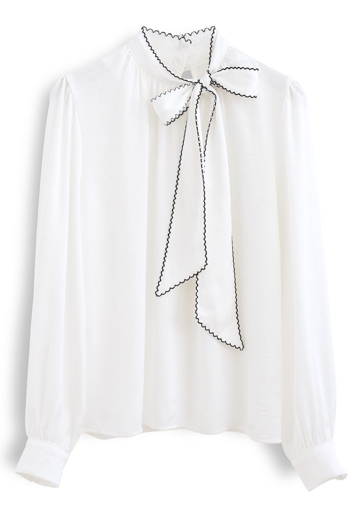Seamed Edge Bowknot Textured Satin Top in White - Retro, Indie and ...
