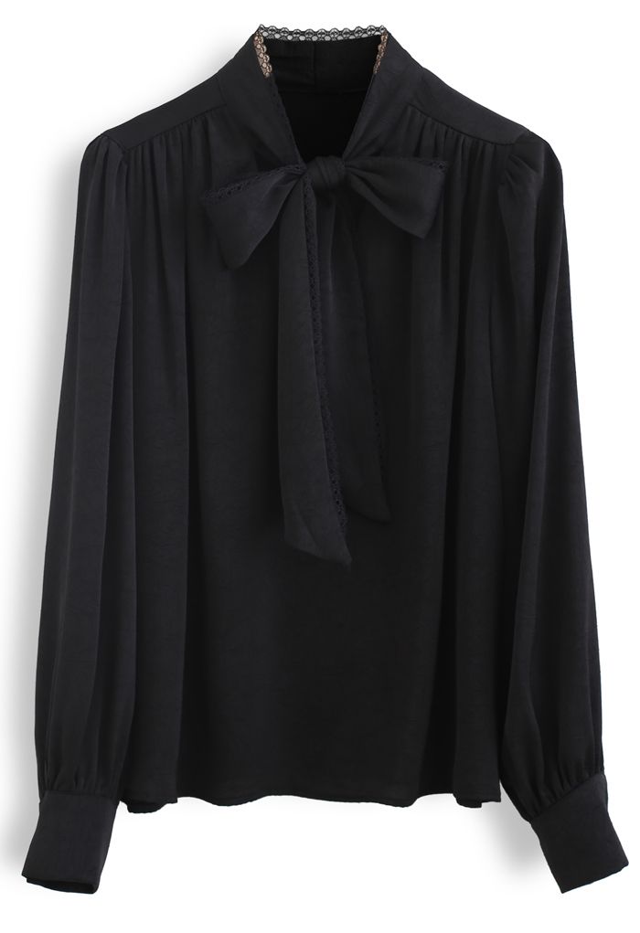 Lacy Edge Bowknot Textured Satin Top in Black - Retro, Indie and Unique ...