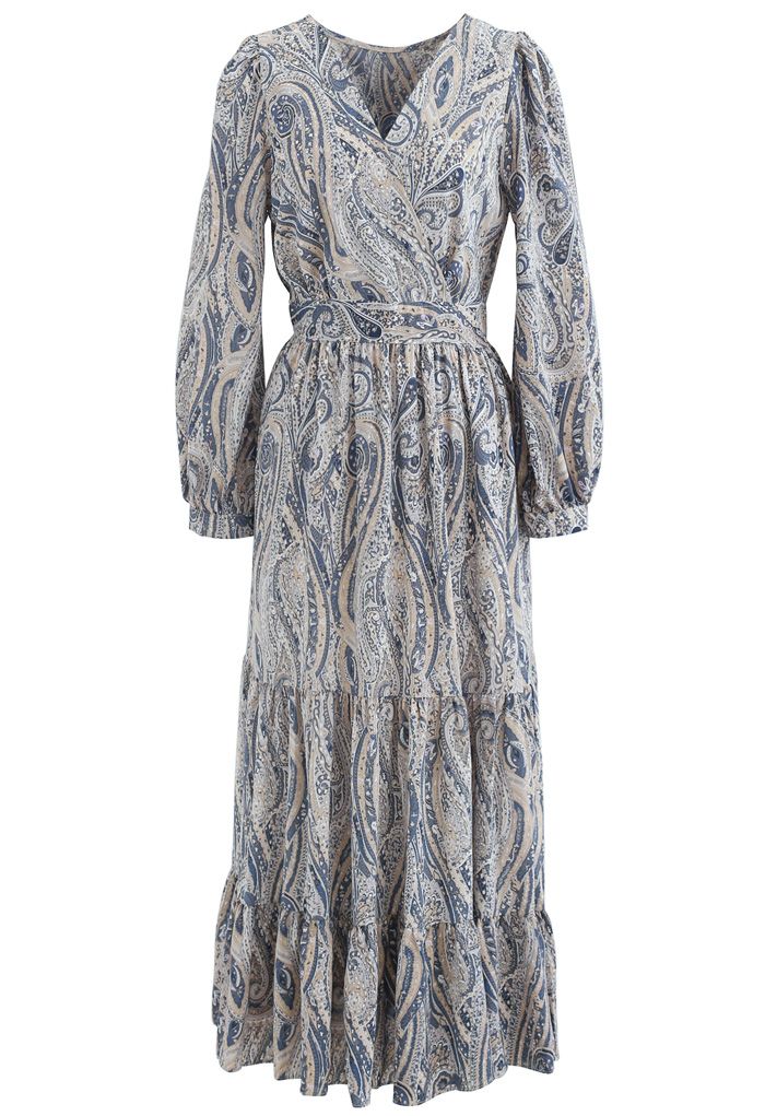 Paisley Floral Boho Wrap Frilling Dress in Dusty Blue - Retro, Indie ...