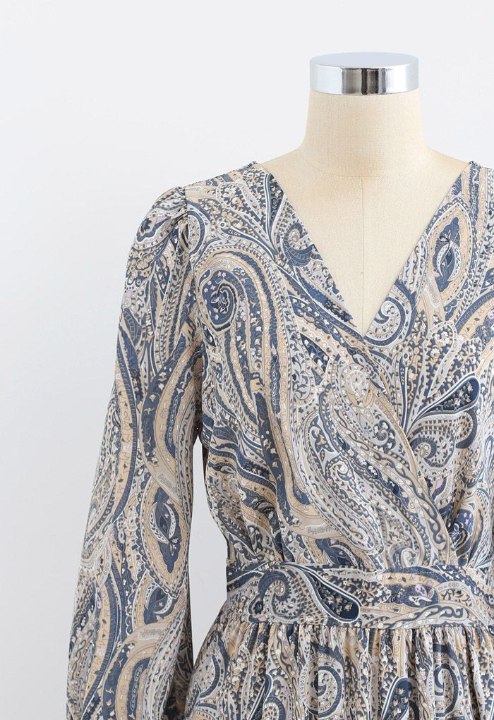 Paisley Floral Boho Wrap Frilling Dress in Dusty Blue